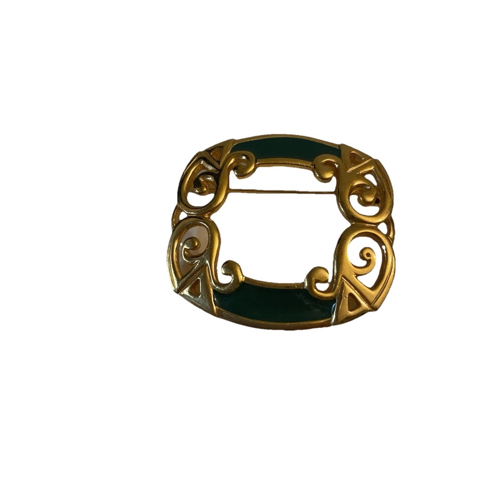 VTG Ginnie Johansson Gold Tone Brooch Pin With Green Enamel Inlay